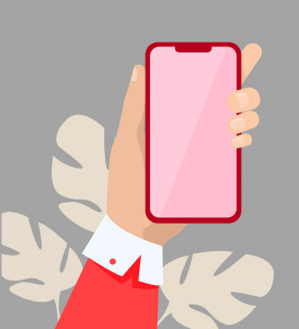 Illustrated image of a woman's hand holding a smart phone.